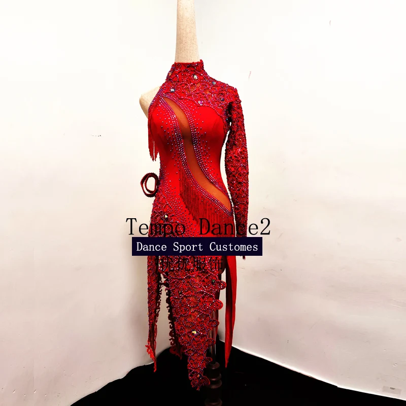 Женское красное платье для латиноамериканских танцев танцевальное конкурсов