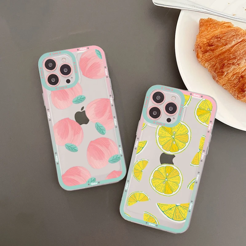 

Cute Peach Lemon Strawberry Fruit Phone Case For IPhone 14 13 12 11 Pro Max Mini X Xs XR 6 7 8 Plus SE 2020 Transparent Case