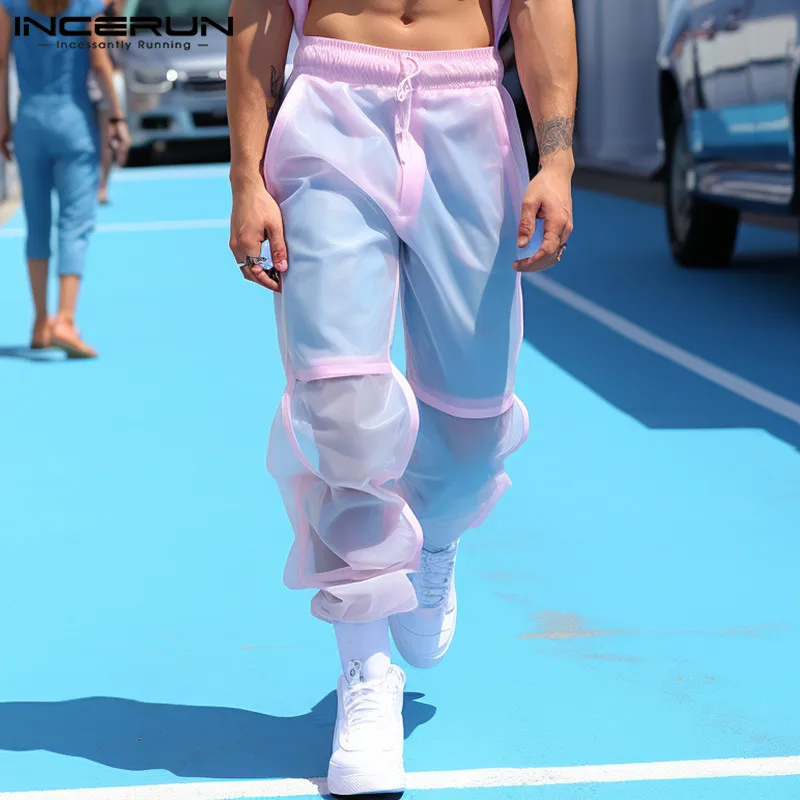 INCERUN 2024 брюки в американском стиле новые мужские прозрачные сетчатые длинные