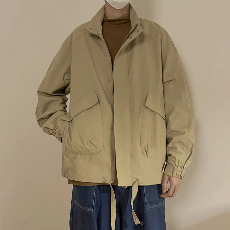 

Мода оверсайз 2023 повседневные мужские черный цвет хаки, ветровка на молнии Куртки Тренч для весенне-осенней одежды