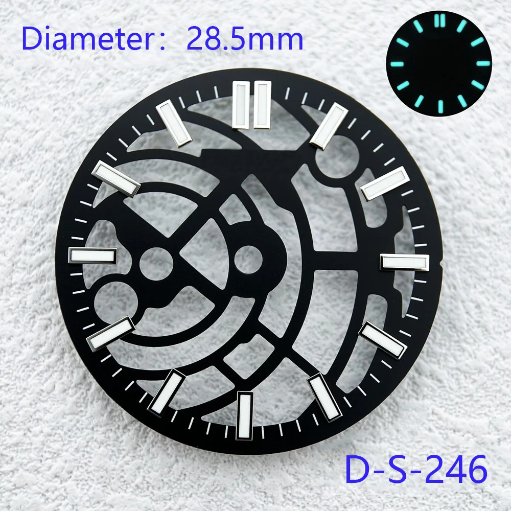 

28.5mm Dial Blue Luminous Transparent mechanical style Watches Accessories With S Logo Accessories for NH70 Automatic Movement