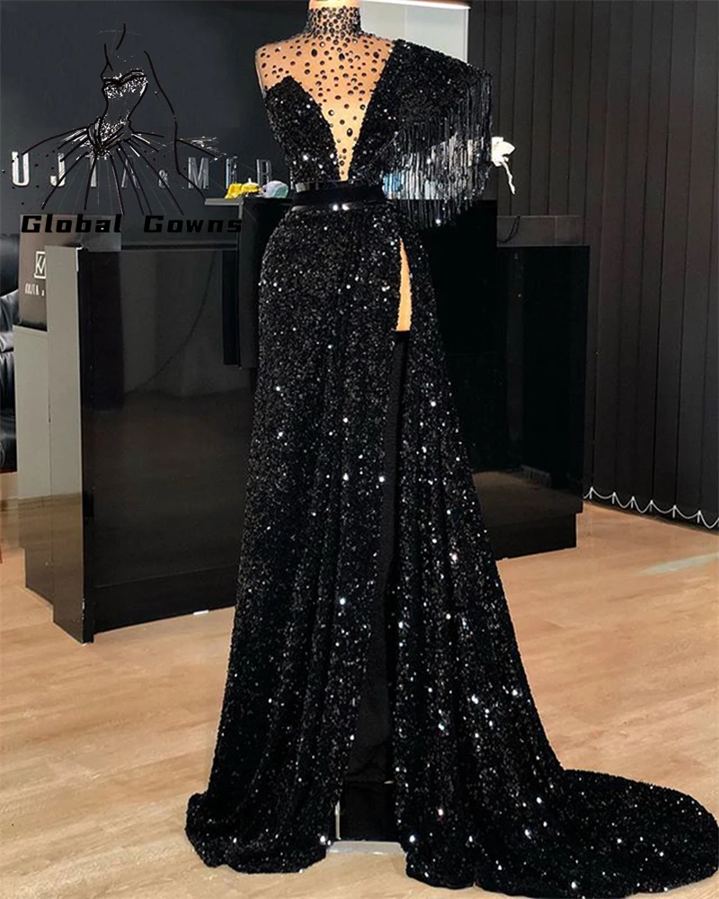 Купи Luxury High Neck Prom Dress Beaded Tassel Birthday Party Gowns Belt Celebrity Dresses Side Slit Robe De Bal за 9,120 рублей в магазине AliExpress