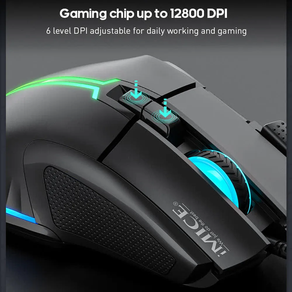 Фото Проводная USB-мышь IMICE T50 с RGB-подсветкой, эргономичная игровая мышь, Plug and Play, для ПК, ноутбуков, Windows, Mac OS, 128000DPI №4
