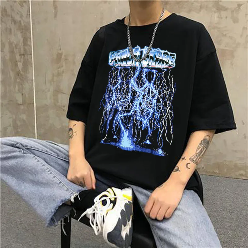 

Men Hip Hop T Shirts Streetwear Lightning Print Tshirt Oversized Harajuku Summer Short Sleeve Tops Tee Cotton Plus Size T Shirt