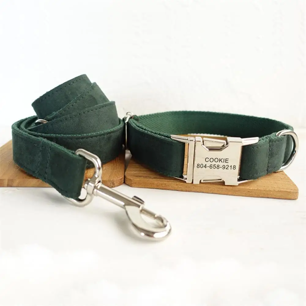 Personalized Pet Collar Customized Nameplate ID Tag Adjustable Soft Green Suede Fabric Cat Dog Collars Lead Leash