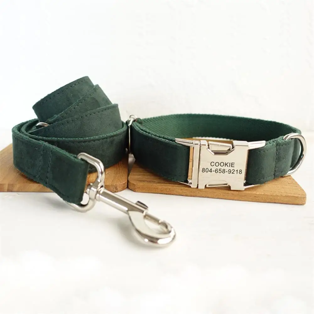

Personalized Pet Collar Customized Nameplate ID Tag Adjustable Soft Green Suede Fabric Cat Dog Collars Lead Leash