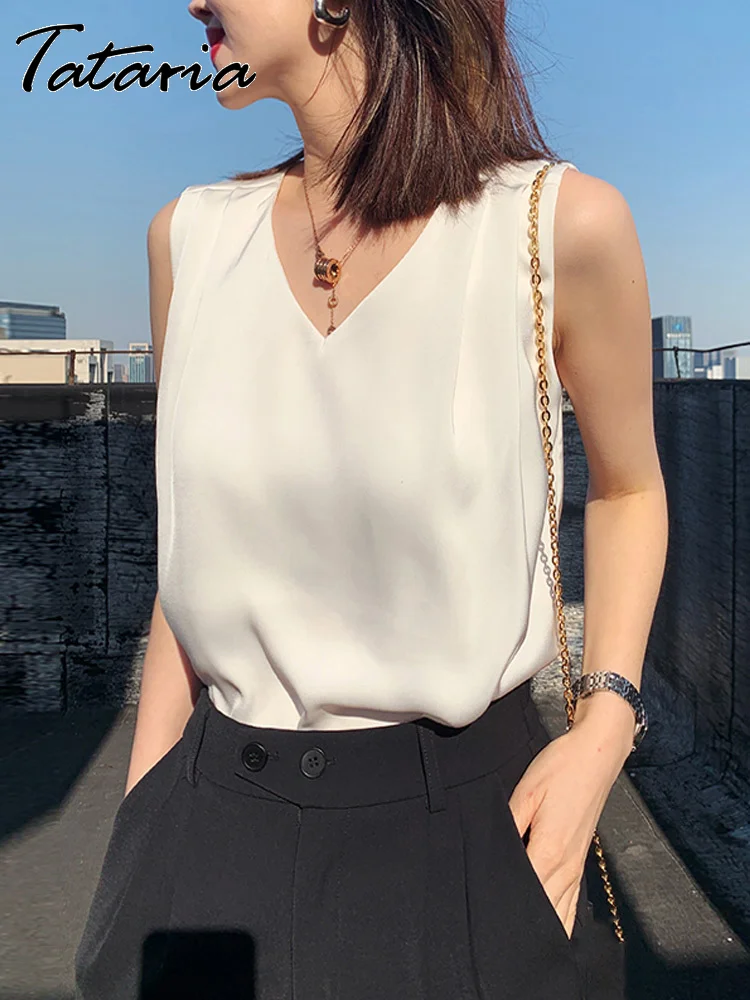 

Женская Элегантная туника, блузки, Летняя шелковая атласная блузка, Офисная Базовая Блузка с v-образным вырезом для женщин, 2023, красивая руба...