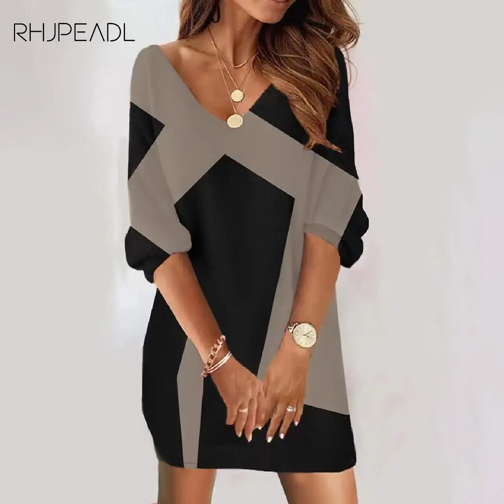 

2022 Sexy V-neck Loose Dress Women Fashion Print Half Sleeve Casual Mini Dresses Spring Autumn Elegant Woman Dress Robe Femme