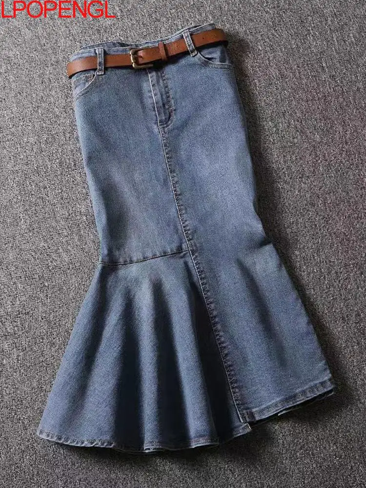 

Solid Color Asymmetrical Vintage Women Denim With Ruffle Summer Blue Office Lady Mid-calf Skirt Straight Button Female Clothing