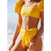 2022 summer women sexy bikini 2 piece swimsuit solid short puff sleeve high waist swimwear cut backless bathing suit beachwear