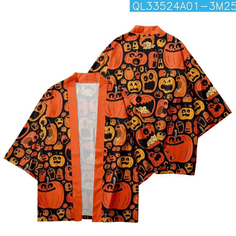 

Asian Harajuku Cardigan Halloween Pumpkin Print Yukata Men Women Blouse Haori Obi Japanese Cosplay Kimono Vintage Clothing