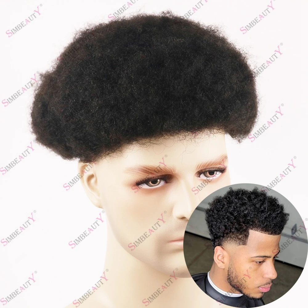 

Черный мужской парик прочная кожаная основа доступная искусственная кожа 100% протез человеческих волос Легкая установка афро вьющиеся воло...