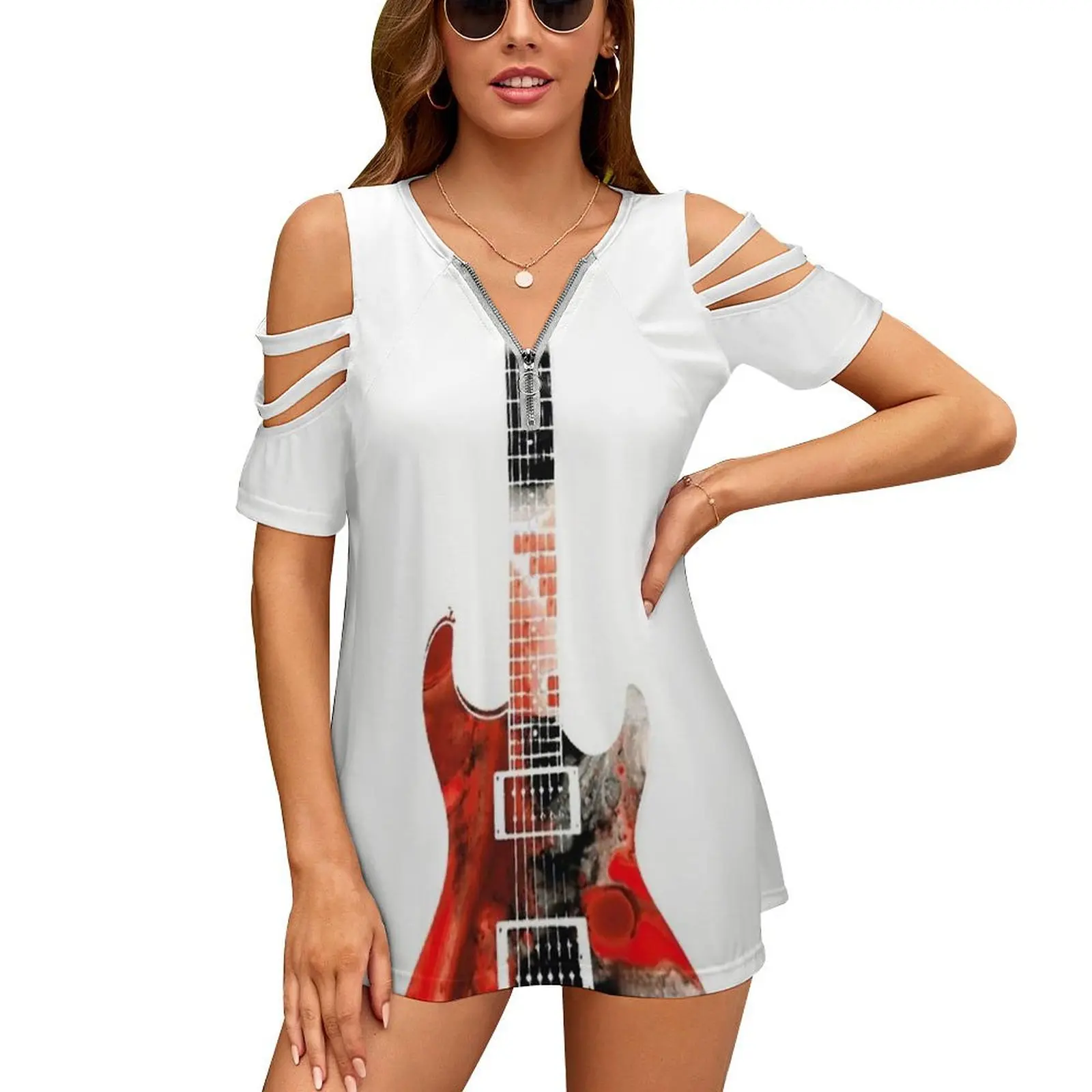 Electric Guitar-Colorful Abstract Musical Instrument By Fashion Print Women Ladies Girls T-Shirt Harajuku Round Neck Short