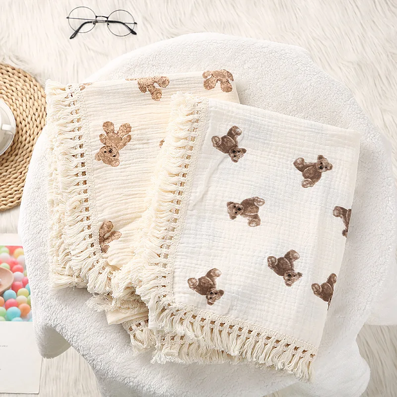 Милые муслиновые квадраты с медведем хлопковое детское одеяло для новорожденных