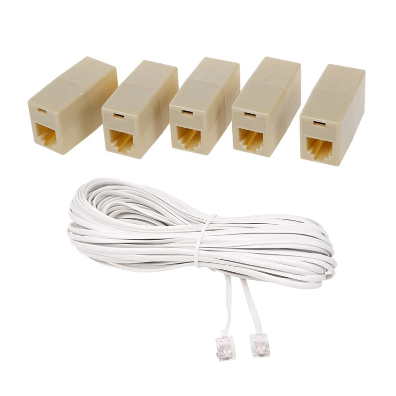 

5 Pcs Beige Plastic RJ11 6P4C Female/Female Telephone Cable Inline Connector & 1Pcs White Male 6P2C RJ11 Plug Telephone Fax Mode