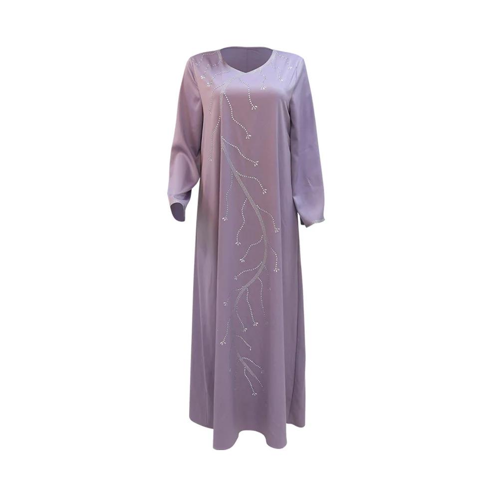 Muslim Fashion 2023 Spring Summer Muslim Long Sleeve Purple Green Blue Polyester Long Abaya Maxi Dress Muslim Dresses Women