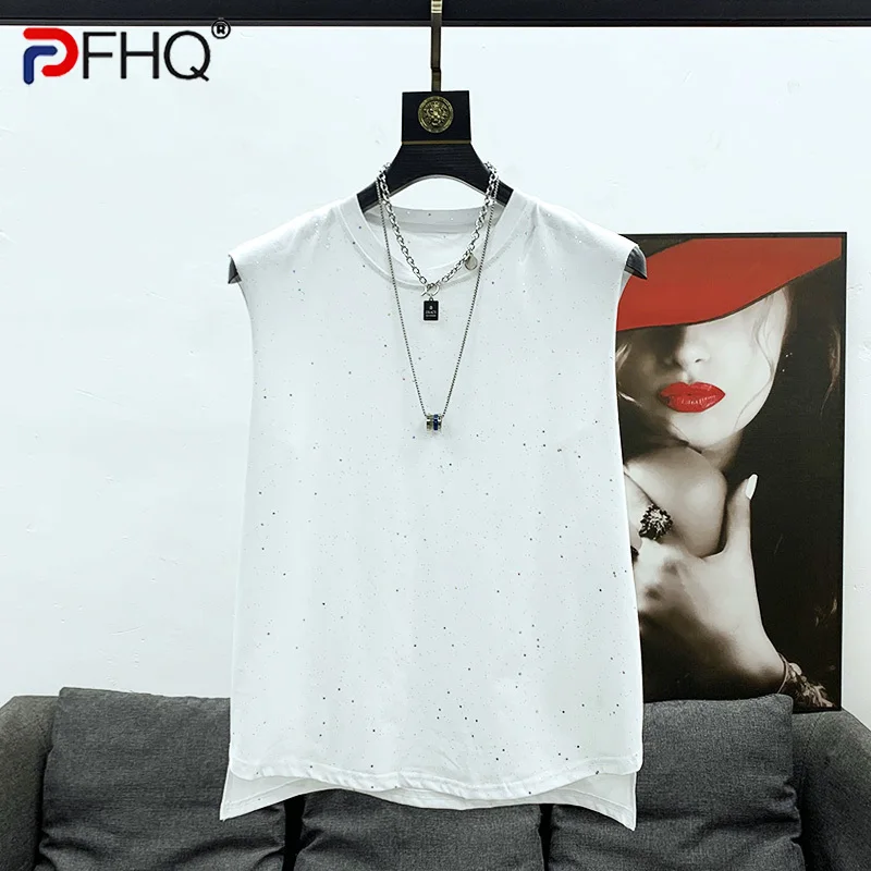

PFHQ 2023 Summer New Fashion For Men's Hole Babysbreath T-shirt Solid Color O-neck Sleeveless Loose White Tops Men Tide 21F3497