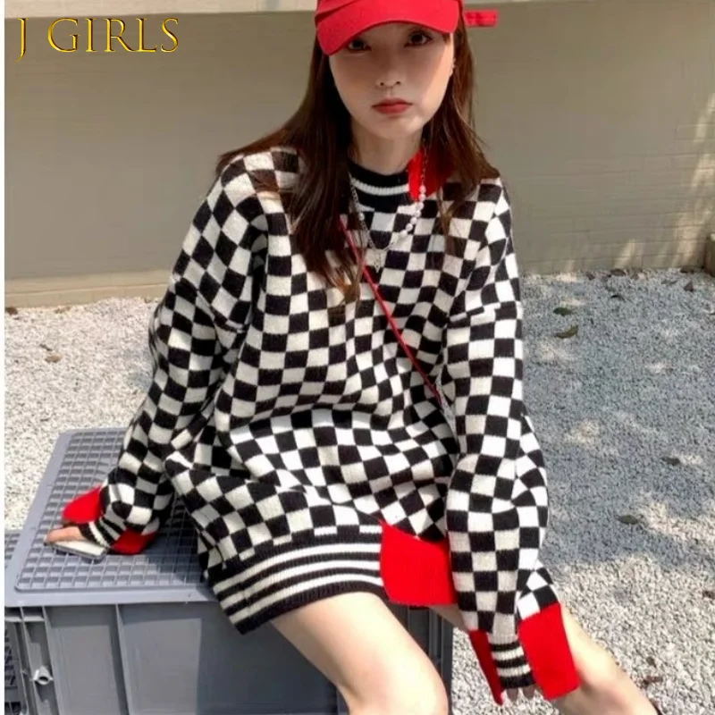 

J GIRLS Casual Plaid Sweater 2021 Autumn Winter Contrast Color Korea Ins Fashion All Match Long Sleeve Pullover Female Tops