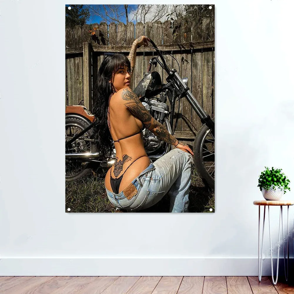 

Сексуальная тату с большими задницами, девушка, мотоцикл, гонщик, настенный плакат, баннер, флаг, человек, искусственная локомотив, ремонтный магазин, настенный Декор, живопись