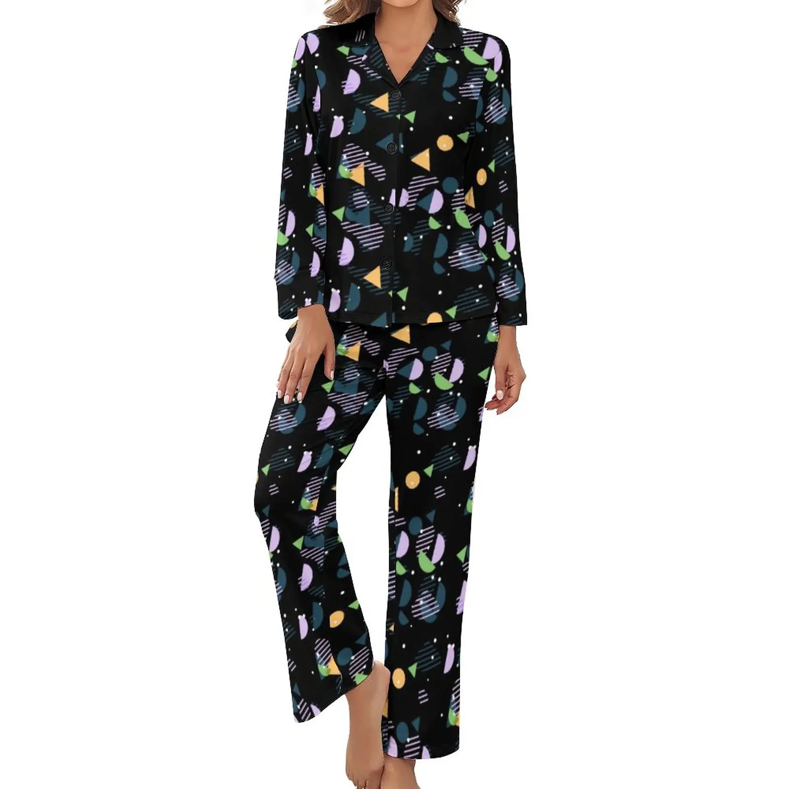 

Hip Geometric Pajamas Female Modern Abstract Print Romantic Sleepwear Autumn Long Sleeves 2 Pieces Home V Neck Retro Pajama Sets