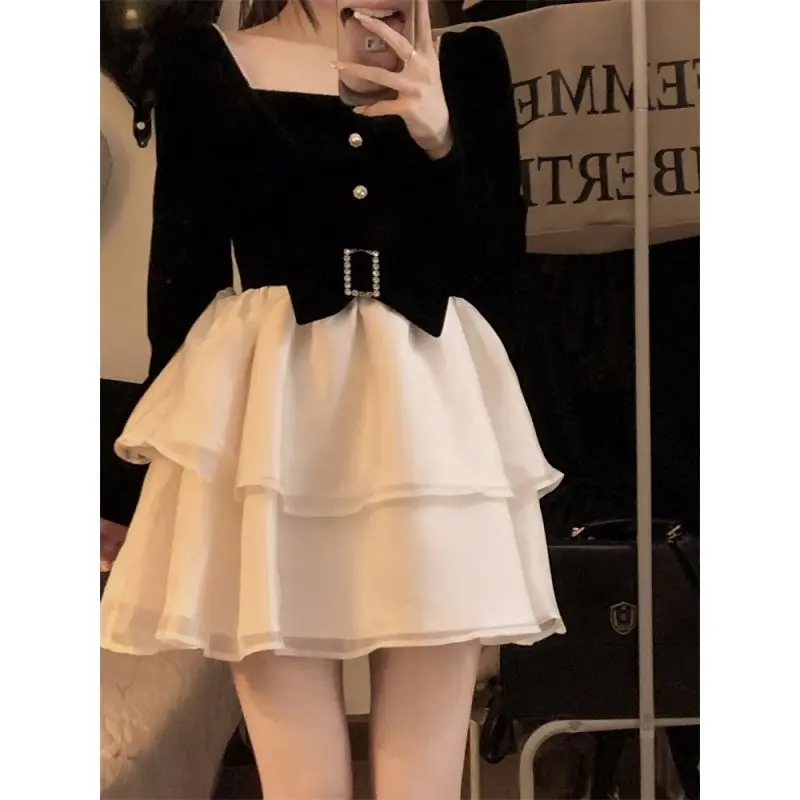 

WDMSNA Splice Velvet Dress Long Sleeve Vestido French Square Neck Robe Femme Spring New High Waist A-line Mini Dresses for Women