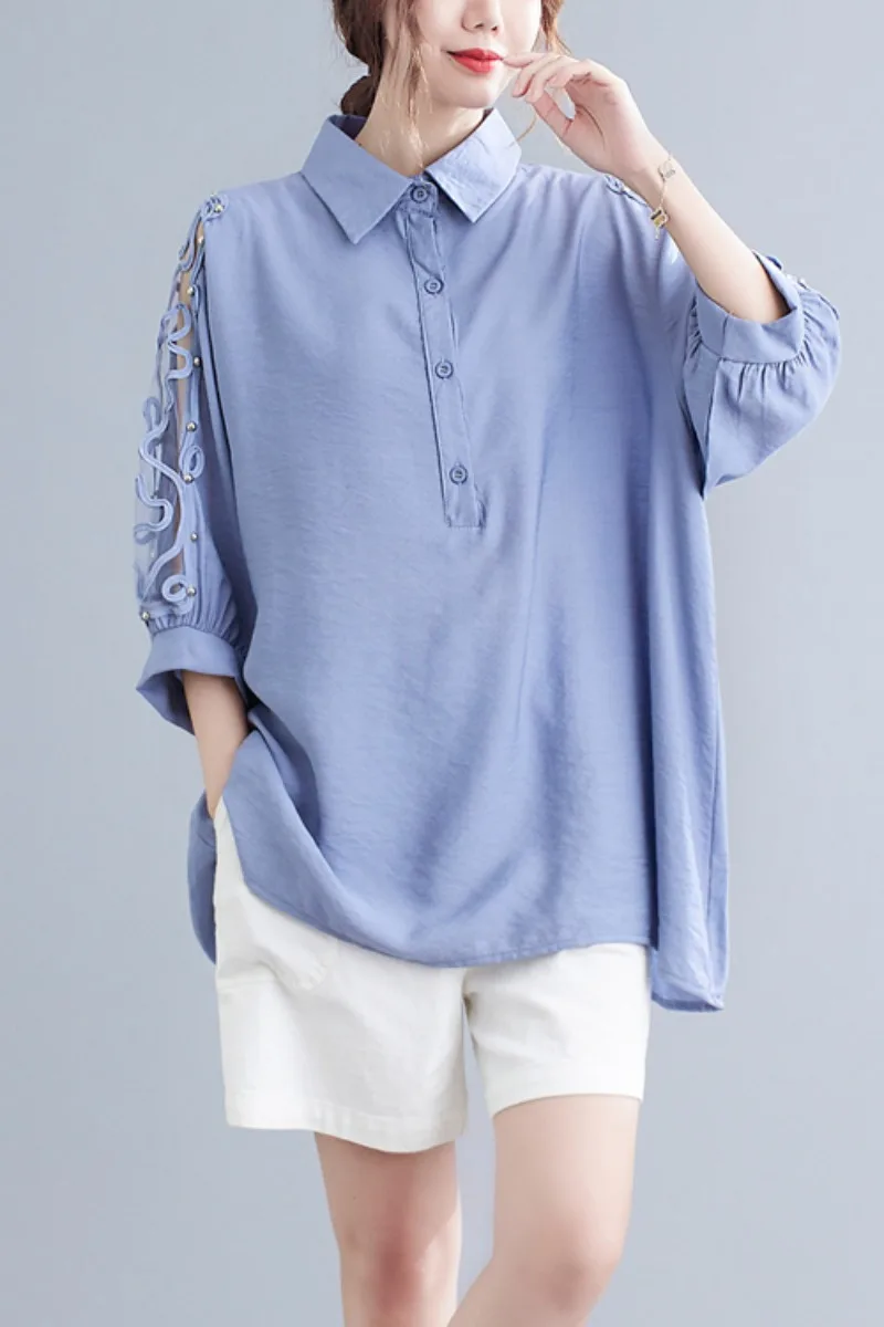 

Женские топы и блузки с вышивкой Parchwork, корейские свободные рубашки с отложным воротником и рукавом до локтя, одежда для лета, 2022