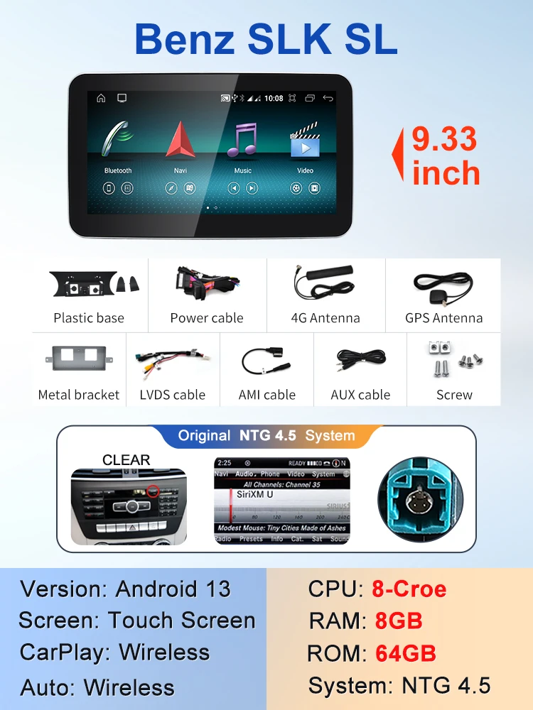 

9,33 "8 ядер Android13 для Mercedes Benz SLK R172 SL R231, автомобильная интеллектуальная система, автомобильный мультимедийный экран, GPS-навигация