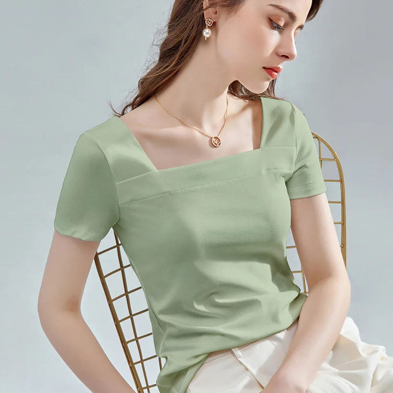 

Summer T-shirt square neck solid color long sleeves gray