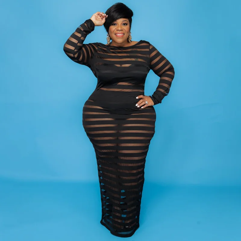 

KEXU Sheer Mesh Stripe Women Plus Size Dress O-neck Full Sleeve Stretchy Skinny Long Maxi Dresses Sexy Club Party Vestidos