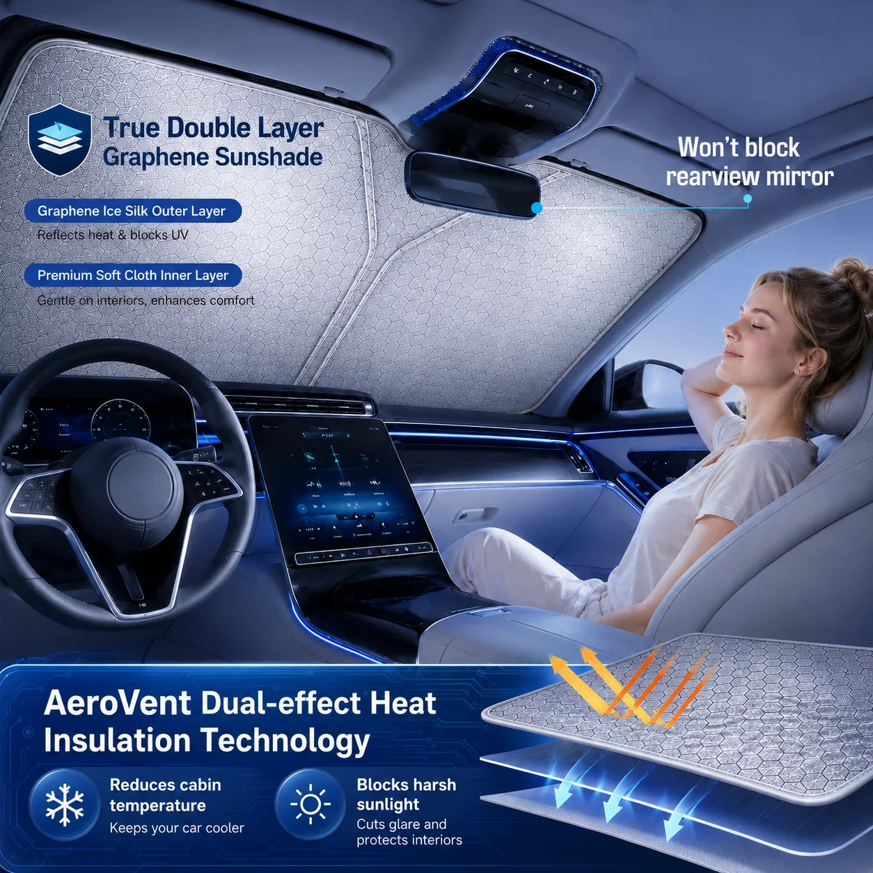 Фото Солнцезащитный экран для лобового стекла Mercedes-Benz EQB из графена, индивидуальный пошив, защита от ультрафиолета, аксессуары для салона автомобиля. №2