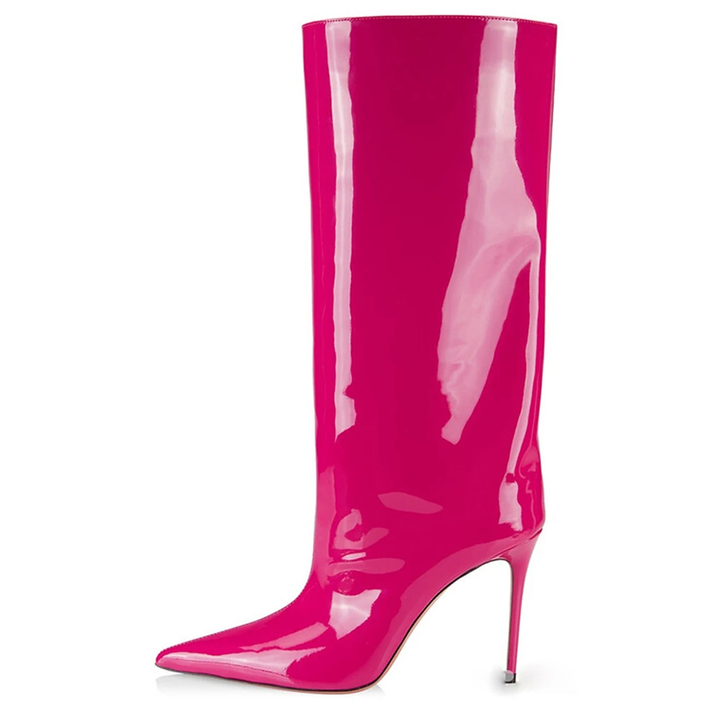 Lacquer Leather Women's Boots Slip--on Pointed Toe Stiletto Heels Mid-Calf Hot Selling Fashion Modern High Heel For Ladies New