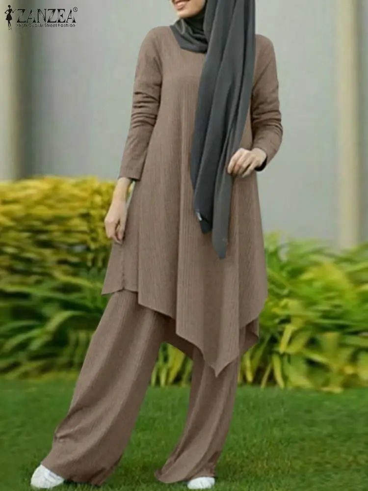 

ZANZEA Women Autumn Long Sleeve Blouse Muslim Pants Sets 2PCS Matching Sets Solid Dubai Abaya Islamic Clothing Urban Tracksuit