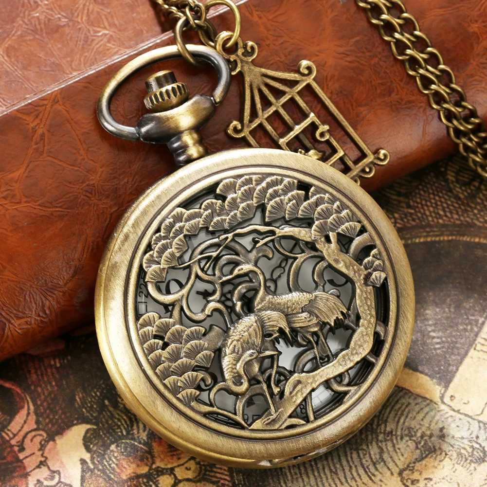 

Pocket Watch with Chain Hollow Animal Engraving Design with Bird Cage Pendant Quartz Pocket Watch Necklace Reloj De Bolsillo