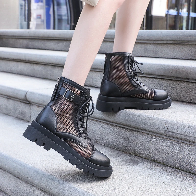 Женские сетчатые ботильоны на шнуровке дышащие полусапожки с перфорацией обувь