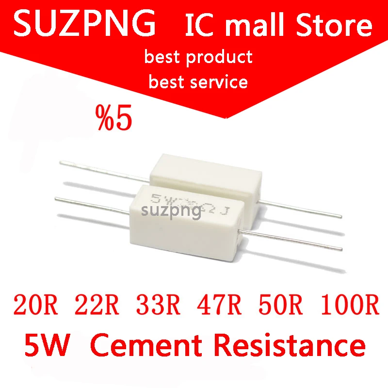 

10pcs 5W 5% Cement Resistor Power Resistance 20R 22R 33R 47R 50R 100R
