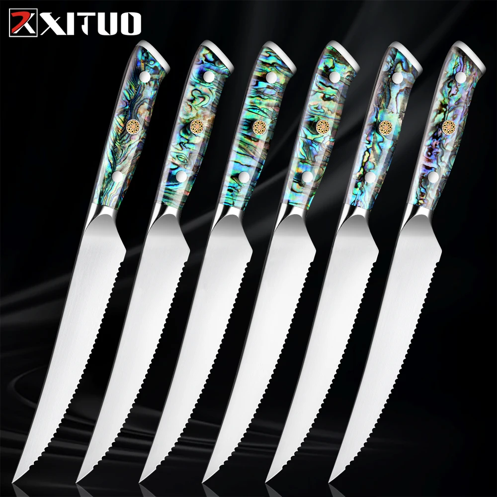 

XITUO Steak Knives Set High Quality Serrated Stainless Steel Sharp Chef Knife Dinner Table Meat Slicing Kitchen Abalone Shell