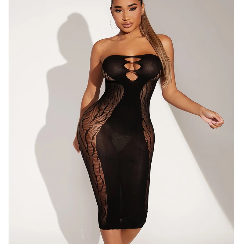 

Elegant Black Sleeveless Bandage Sexy Dress for Women Club Party Mesh Crochet Fishnet Bodycon Dress vestidos de mujer