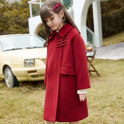 

Шерстяная куртка для девочек, красные зимние шерстяные пальто в Корейском стиле для девочек-подростков, одежда средней длины на новый год, детская одежда на осень 10 12 лет