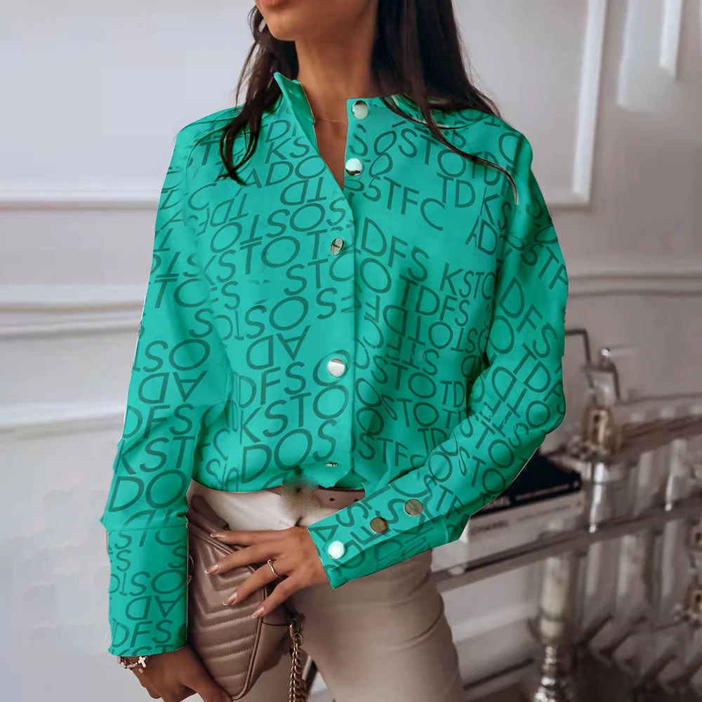 

Office Lady Elegant Letter Print Long Sleeve Women Blouses Tops 2022 Fashion Stand Neck Buttons Women Casual Shirt Chemise Femme