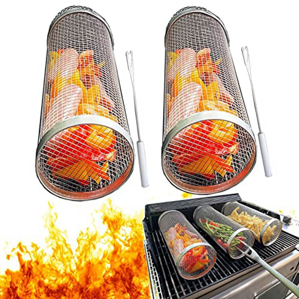 2 Pcs Portable Rolling Grilling Basket Bbq Net Tube Stainless Steel Cylinder Suitable For All Kinds Of Vegetables, French Fries