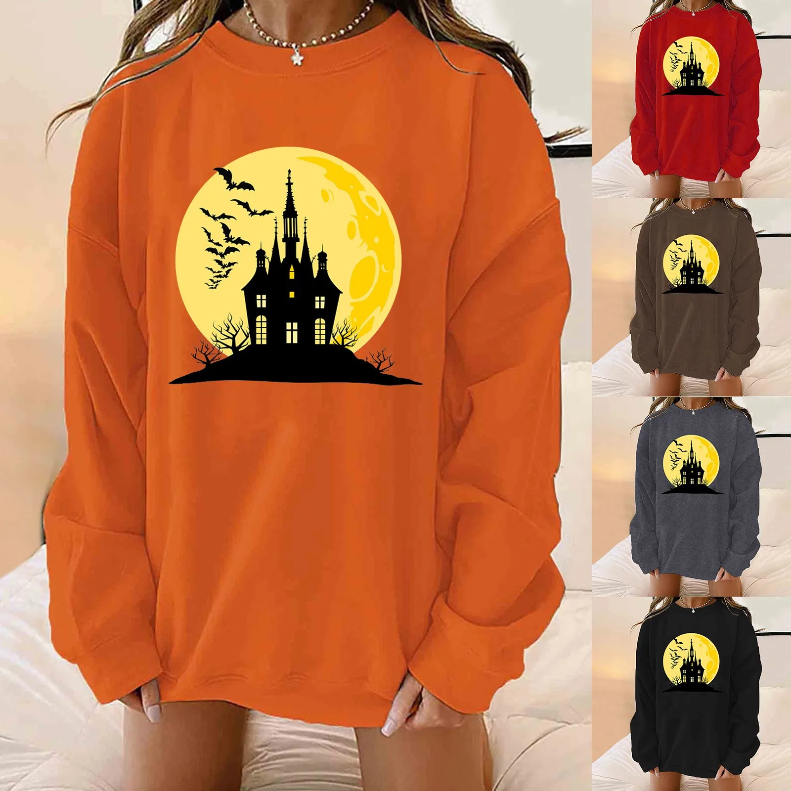 

Womens Halloween Print Hoodless Fit Full Sweatshirt Crewneck Loose fleece Hooded Casual Long Sleeve Pullover Tops Hooded