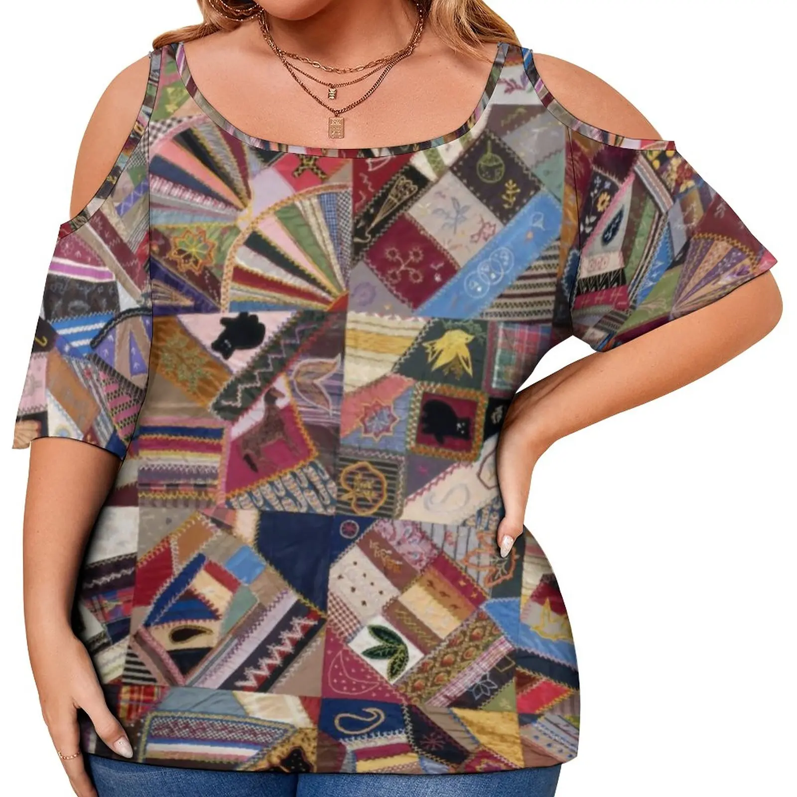 

Футболка в стиле пэчворк с одеялом, Симпатичные футболки с абстрактным винтажным принтом, женская футболка с коротким рукавом с принтом, же...