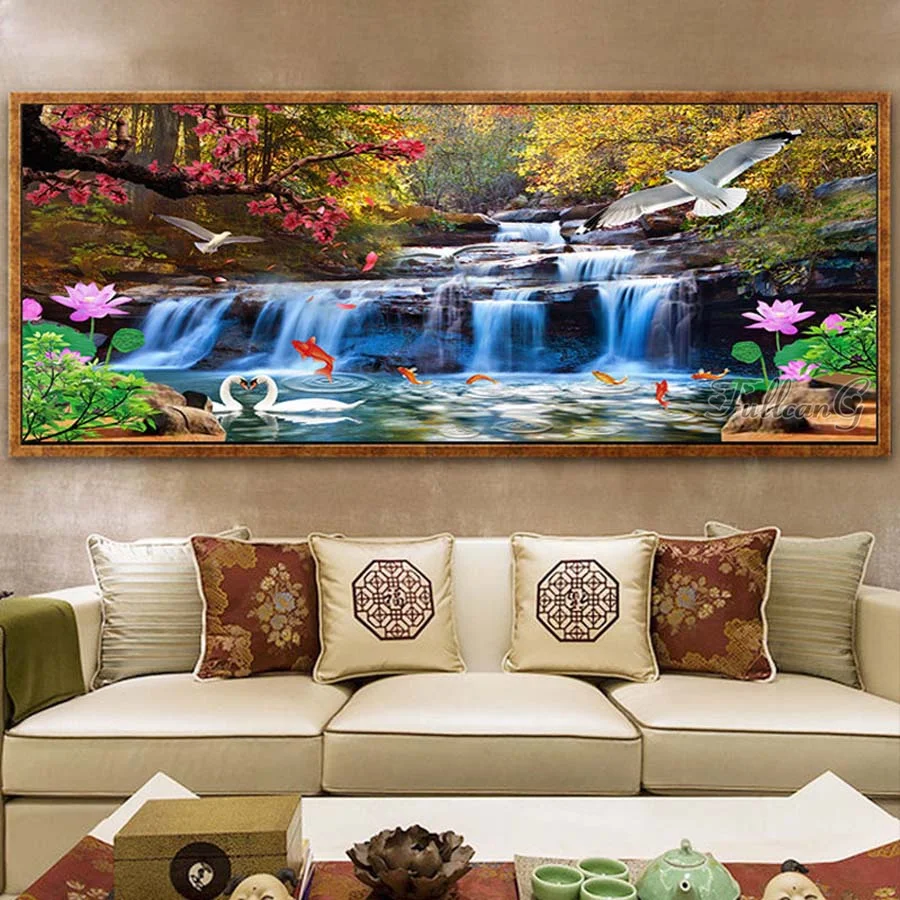 

Pond Lotus Diamond Painting Large Size Forest Falls Swan Carp Diy Full Drill Mosaic Embroidery Kits Scenery Home Decor AA4224