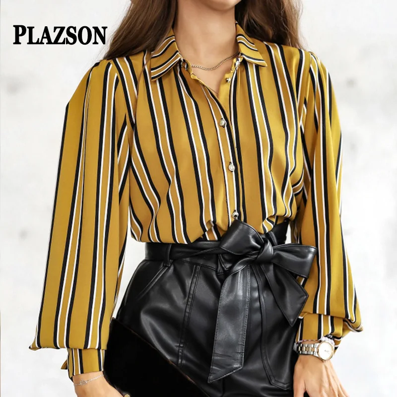 

PLAZSON chemises et blouses Yellow Vertical Stripes Women's Shirt Loose Long Sleeve Button-up Blouse OL Tops Casual Streetwear