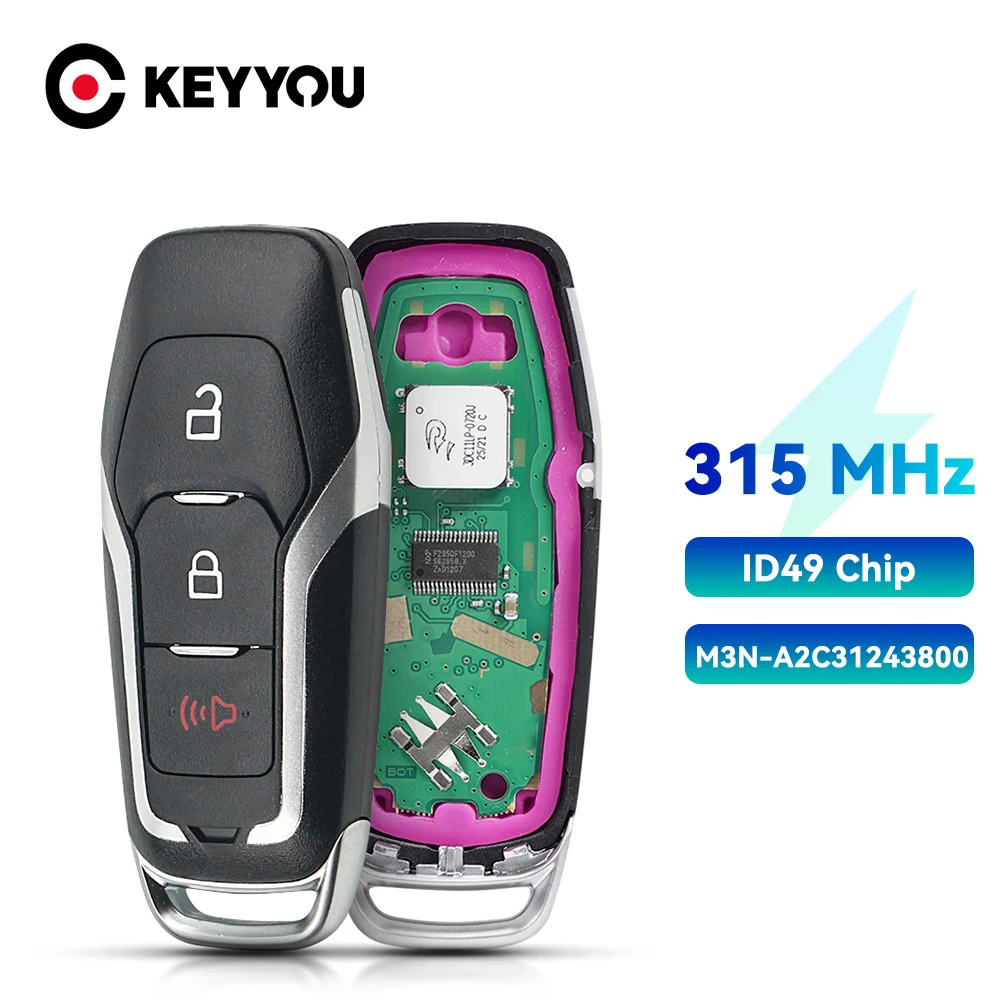 

KEYYOU M3N-A2C3124380 315MHz ID49 Chip Smart Key 3/4 Buttons for Ford Edge Explorer Fusion Mustang 2015 2016 2017 2018 2019