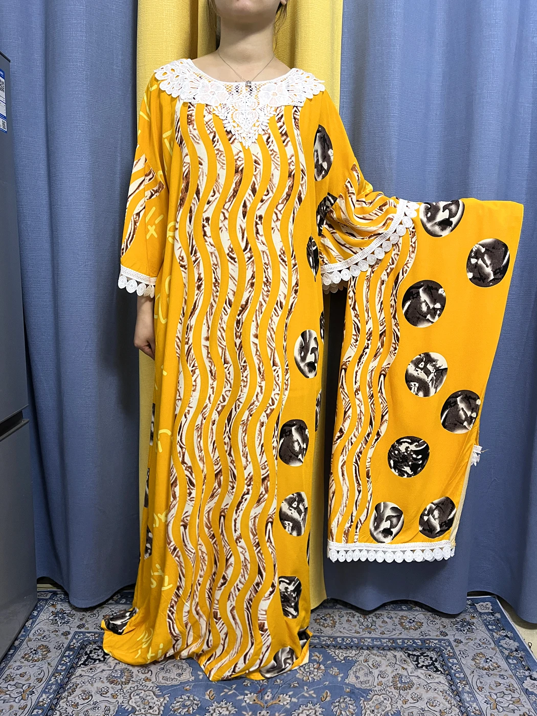 

Abayas For Women 2023 Muslim Ptinted Stripe Lace Cotton Fabric High Quality Traditional African Nigeria Dresses With Large Scarf