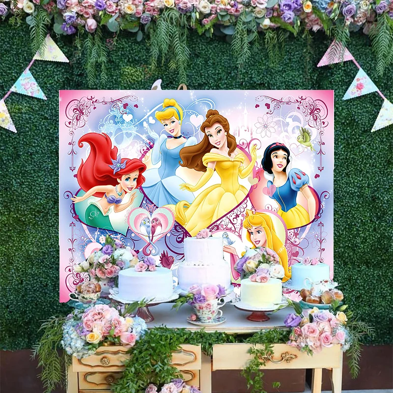 

Backdrop Cute Disney Princess Cartoon Cinderella The Little Mermaid Ariel Beauty And The Beast Belle Birthday Party Background