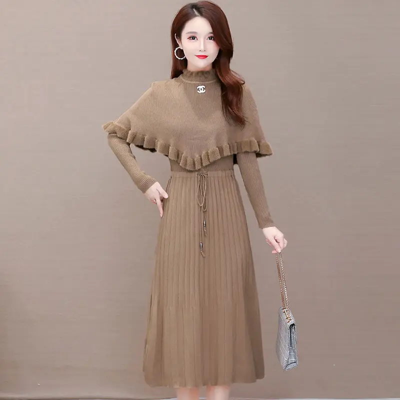 Knitted Dress 2 Peice Set Women Solid Color Half High Collar Ruffles Cloak+V-Neck Sweater Dress Outfits Fall Winter Korean Suit