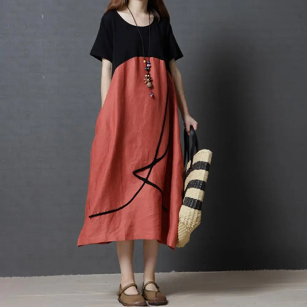 

Soft Texture Loose Summer Short Sleeve Patchwork Color Midi Dress for Vacation
