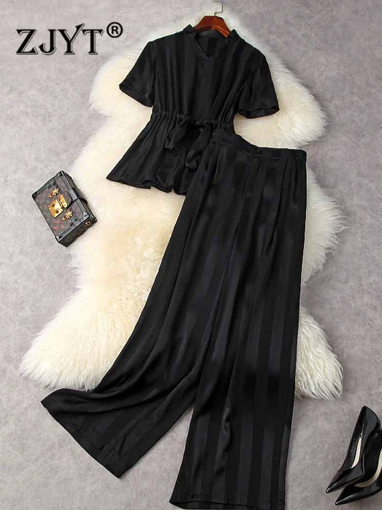 

ZJYT Elegant Business Chic Work Outfits Women Two Pieces Pants Set Summer Designer Striped Blouse and Trousers Suit Black